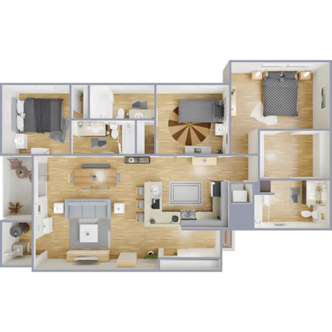 Modern 3-bedroom apartment floor plan featuring a spacious open-concept living area, elegant kitchen with island seating, and two stylish bathrooms.