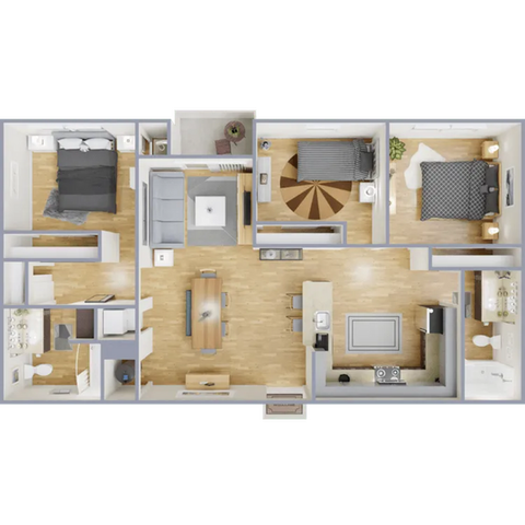 Contemporary 3D floor plan showcasing 3 bedrooms, a chic spiral staircase, and a modern open kitchen with an inviting dining area.