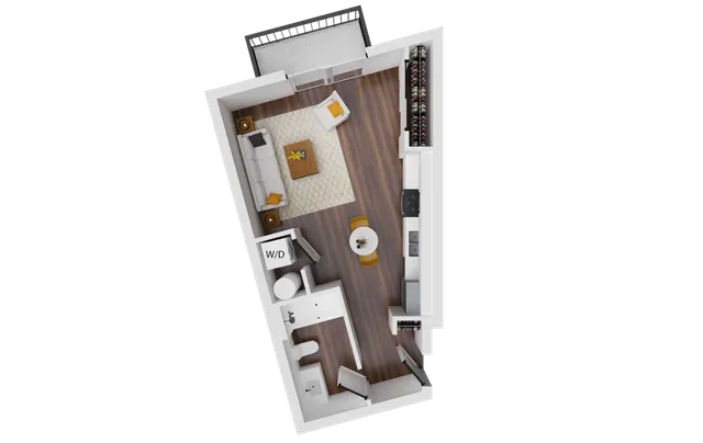 Sleek open-concept floor plan highlighting a spacious living area, modern kitchen, and convenient in-unit washer and dryer.