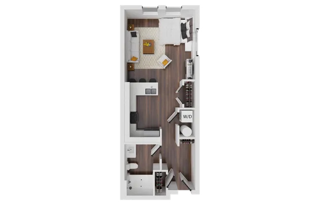 Modern 3D floor plan showcasing a cozy studio apartment with an open-concept living and sleeping area, efficient kitchen, and ample storage space. Elegant wood flooring complements the contemporary design.