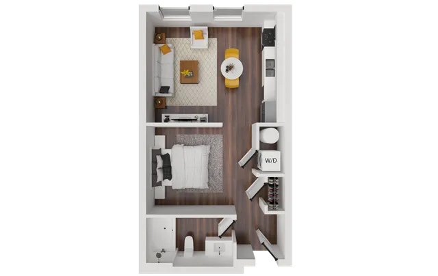 Contemporary 1-bedroom floor plan featuring open-concept living and dining area, modern kitchen, and in-unit laundry.
