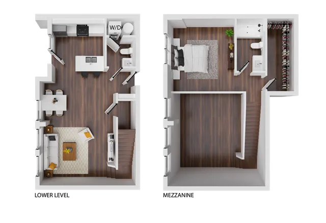Chic two-level floor plan showcasing a spacious bedroom with ensuite, modern kitchen, cozy living area, and stylish dining space.