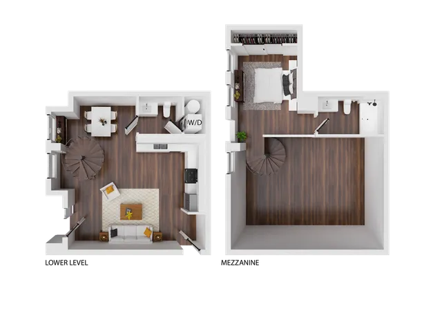 Charming 3D floor plan showcasing a two-level apartment with a cozy spiral staircase, inviting living area, modern kitchen, and serene bedroom space.