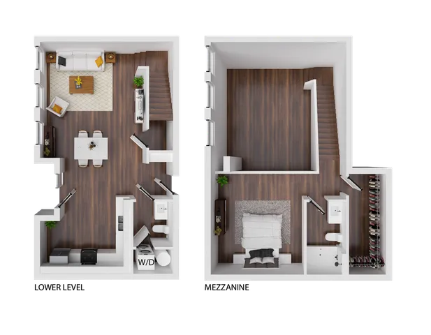 Modern two-story floor plan highlighting an open-concept living and dining area, elegant kitchen, and spacious bedroom with en-suite bathroom and walk-in closet.