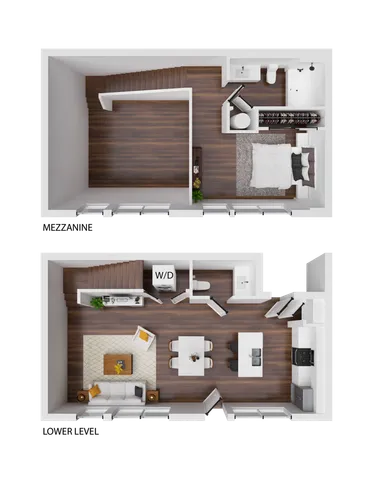 Modern two-level floor plan showcasing an open-concept living and dining area, spacious kitchen, cozy bedroom, and stylish bathroom with elegant hardwood flooring.