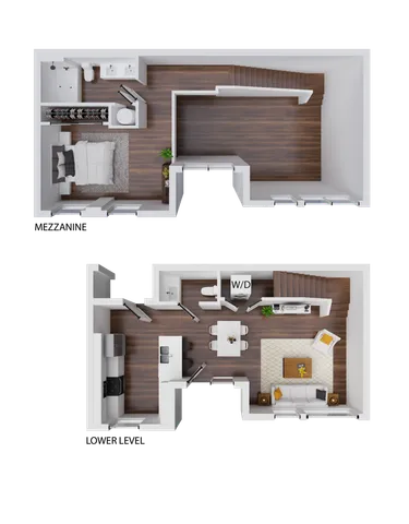 Modern 2-story floor plan featuring a spacious bedroom with en-suite bathroom, open-concept kitchen, cozy living area, and convenient laundry space.