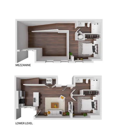 Modern two-story floor plan featuring two spacious bedrooms, open living area, and sleek kitchen with in-unit laundry on the lower level.