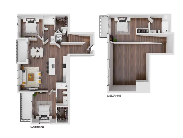 Elegant 2-level floor plan showcasing 3 bedrooms, open-concept living area, and modern kitchen with island seating.
