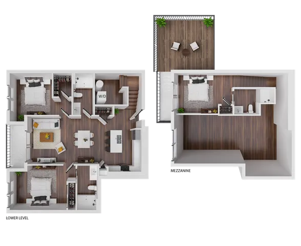 Modern 3D floor plan showcasing 3 bedrooms, an inviting open-concept living and dining area, sleek kitchen, and a private balcony with seating.