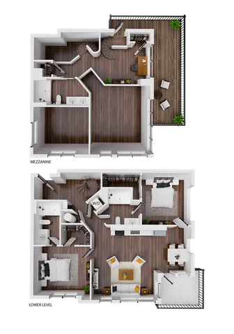 Modern two-story apartment floor plan with two spacious bedrooms, two bathrooms, open-concept kitchen and living area, stylish spiral staircase, and private balcony with outdoor seating.