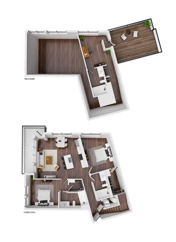 Elegant multi-level floor plan featuring two bedrooms, an open-concept living and dining area, modern kitchen, and private outdoor terrace.