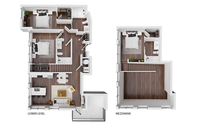 Modern duplex floor plan with 3 bedrooms, cozy open living area, and sleek kitchen design.