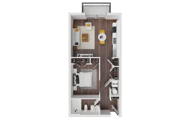 Modern 1-bedroom apartment floor plan showcasing an open living area, sleek kitchen, and ample closet space with stylish wood flooring.