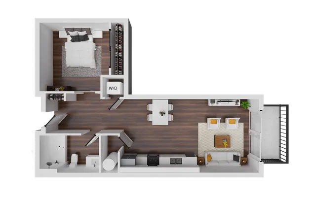 Elegant 2D floor plan featuring a cozy bedroom, open kitchen with dining area, and inviting living room with balcony access.