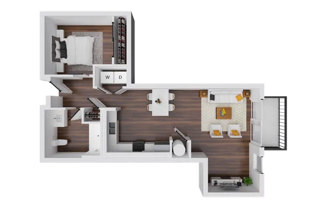 Contemporary 1-bedroom apartment floor plan featuring an open-concept living area, sleek kitchen, and inviting balcony space.