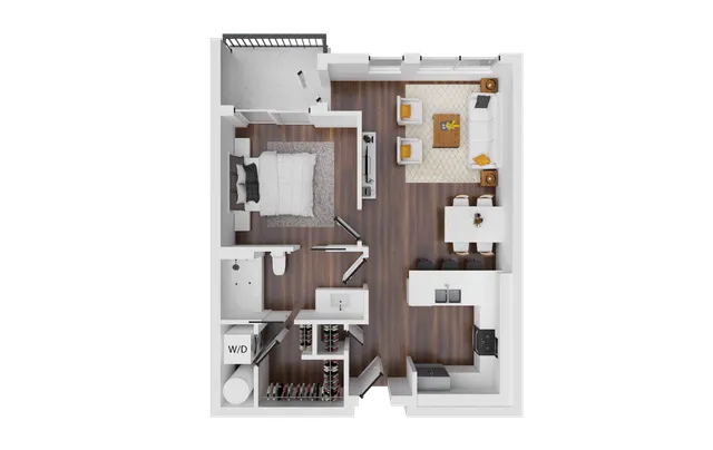 Modern floor plan showcasing a spacious one-bedroom apartment with an open-concept living area, sleek kitchen with breakfast bar, and cozy balcony space.