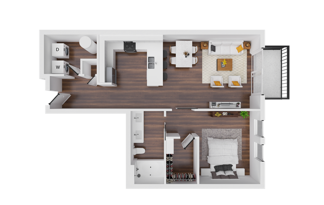 Contemporary 2D floor plan with a spacious bedroom, open living and dining area, modern kitchen, compact laundry space, and inviting balcony.