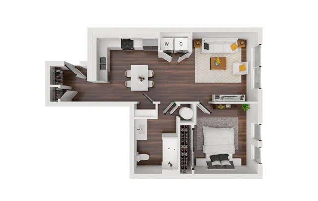 Modern 2D floor plan showcasing a cozy one-bedroom apartment with open living space, L-shaped kitchen, and sleek wooden flooring.
