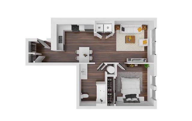 Modern 2D floor plan showcasing 1 bedroom and a cozy living area with an open kitchen. Includes stylish wood flooring and ample closet space.