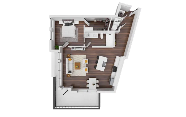 Modern 1-bedroom apartment floor plan featuring an open living and dining area, sleek kitchen, spacious bedroom with walk-in closet, and convenient washer/dryer setup.