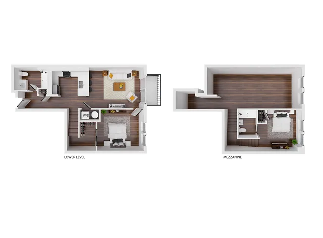 Elegant 2D floor plan showcasing a two-level apartment with two cozy bedrooms, an inviting living area, and a modern kitchen. Features include rich wood flooring and innovative layout for spacious living.