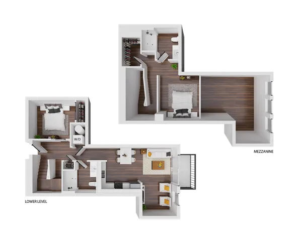 Modern 3D floor plan featuring two bedrooms, open living area with sleek kitchen, and convenient in-unit laundry.