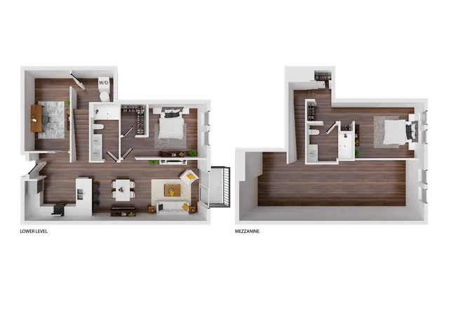 Modern 3D floor plan showcasing a two-bedroom, two-bath duplex with open living space, stylish kitchen, and cozy office area.