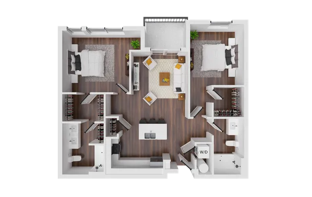 Modern 2D floor plan showcasing 2 spacious bedrooms, inviting open-concept living area, sleek kitchen island, and convenient in-unit washer and dryer.