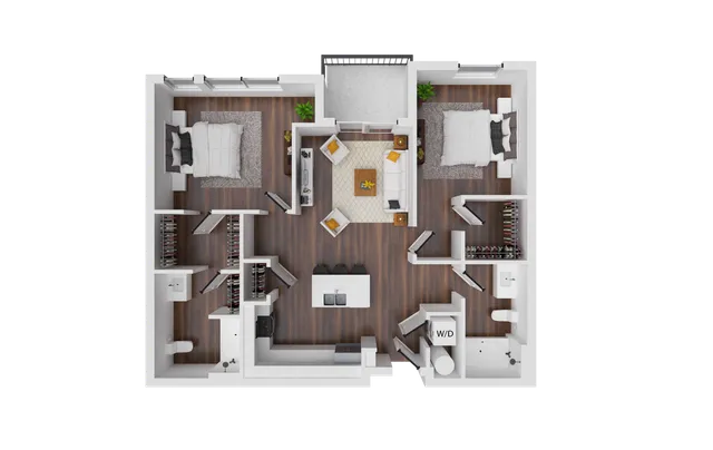 Modern 3D floor plan showcasing 2 spacious bedrooms, an inviting living area, sleek kitchen island, and elegant hardwood flooring.