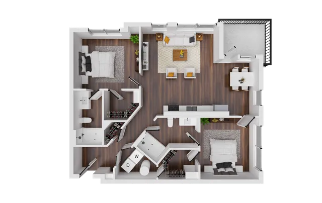Modern 3D floor plan showcasing 2 bedrooms, a cozy living room, stylish dining area, and sleek kitchen, all with elegant wood flooring.