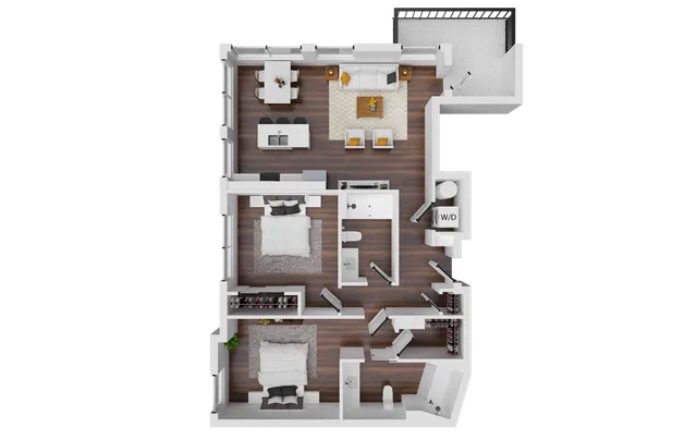 Modern 3D floor plan showcasing 2 spacious bedrooms, cozy living room, dining area, contemporary kitchen, and balcony access.