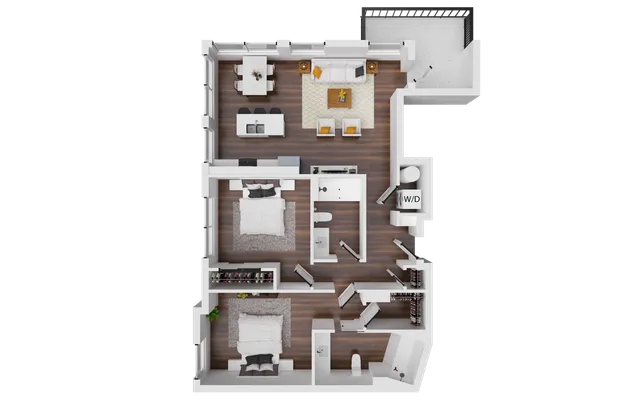Elegant 3D floor plan showcasing two cozy bedrooms, a modern open-concept living and dining area, and a spacious kitchen perfect for entertaining.