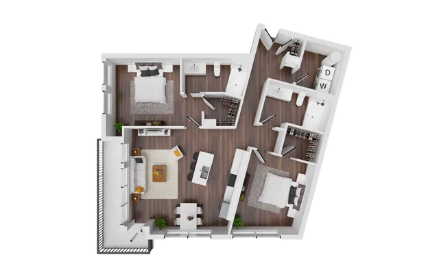Contemporary 3D floor plan showcasing two spacious bedrooms, a stylish open-concept living and dining area, modern kitchen with island, and a balcony for outdoor enjoyment.