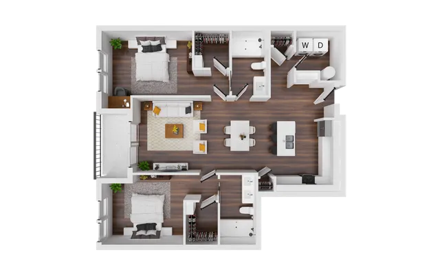 Elegant floor plan showcasing 2 bedrooms, stylish open-concept living room, and modern kitchen with island.