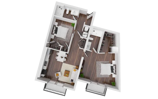 Modern 3D floor plan showcasing two spacious bedrooms, a sleek open-concept living and dining area, with elegant wood flooring and ample storage.