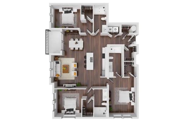 Modern 3D floor plan highlighting 3 bedrooms, an open-concept living room, elegant dining area, and a chic kitchen with an island.