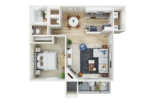 Modern floor plan of a cozy apartment featuring a spacious bedroom, sleek living area with large sofa, dining table, and a stylish kitchen. Includes a private balcony for outdoor enjoyment.