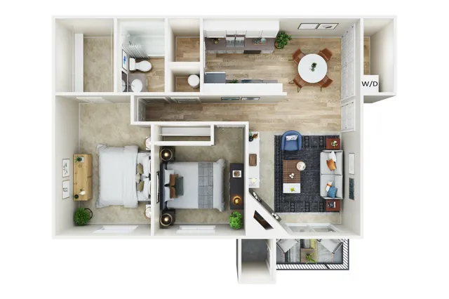 Modern 3D floor plan showcasing 2 bedrooms, a cozy living room, an elegant kitchen, and a stylish dining area with wood vinyl flooring.