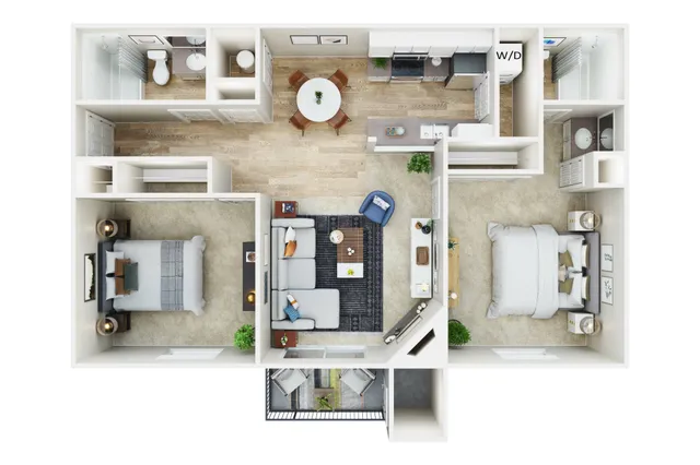 Elegant 2-bedroom floor plan featuring a spacious living area, modern kitchen with dining space, and two bathrooms. Includes a cozy balcony for outdoor relaxation.