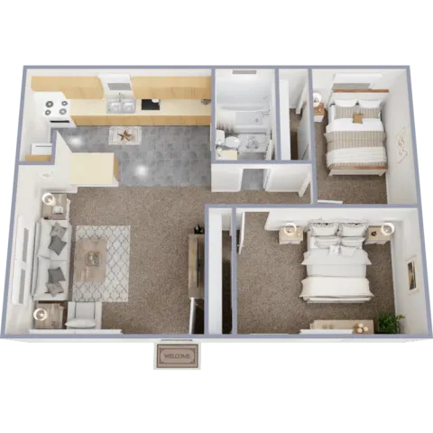Two bedroom, one bath, 672 sq ft