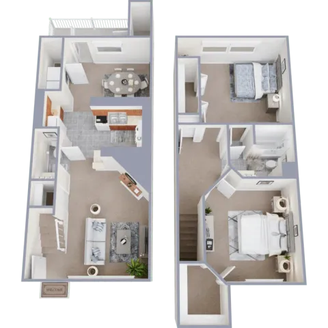 Two bedroom, one and a half bath, 1,023 sq ft