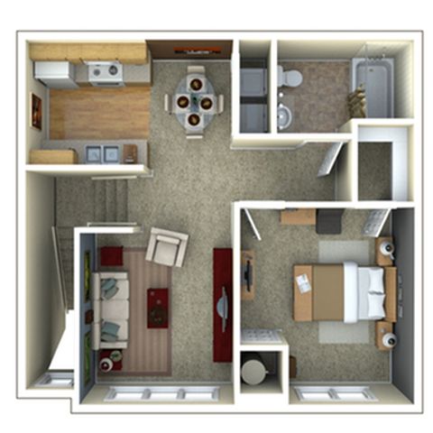 Modern 3D floor plan highlighting a cozy 1-bedroom layout, elegant living room, fully-equipped kitchen, and stylish bathroom.