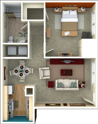 Charming 1-bedroom apartment floor plan featuring a cozy living room, functional kitchen, and a well-appointed bathroom.