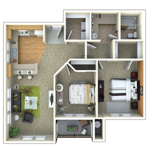 Vibrant 3D floor plan showcasing a comfortable two-bedroom apartment with an open kitchen, cozy living space, and two modern bathrooms.