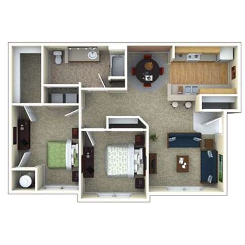 Inviting floor plan with 2 bedrooms, elegant open living and dining area, modern kitchen, and a full bathroom.