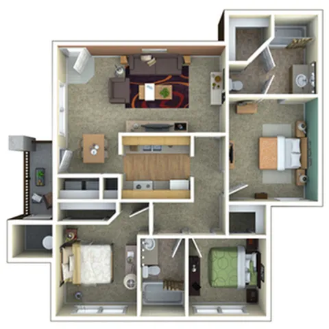 Modern 3D floor plan showcasing 3 bedrooms, a cozy living area, and a functional kitchen with a balcony view.
