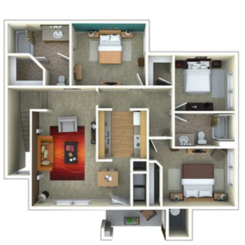 Elegant 3D floor plan showcasing a spacious layout with 3 bedrooms, 2 bathrooms, a cozy living room, and modern kitchen, ideal for family living.