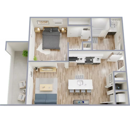 Modern 3D floor plan showcasing a sleek one-bedroom apartment with open-concept kitchen and living area, cozy bedroom, stylish bathroom, and a tranquil outdoor patio space.