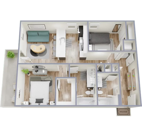 Modern 3D floor plan showcasing 2 bedrooms, a cozy open-plan living area, sleek kitchen, and elegant bathroom, enhanced with stylish furniture layout.