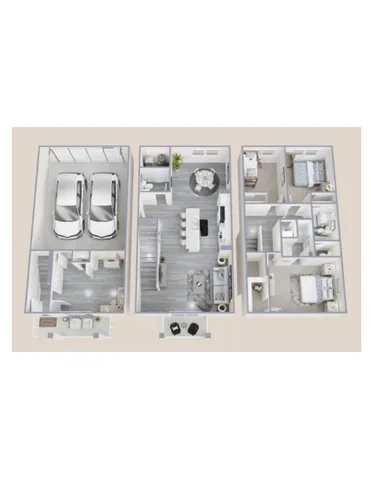 Modern 3D floor plan showcasing a spacious three-bedroom home with open-plan living and dining area, sleek kitchen, and dual garage.